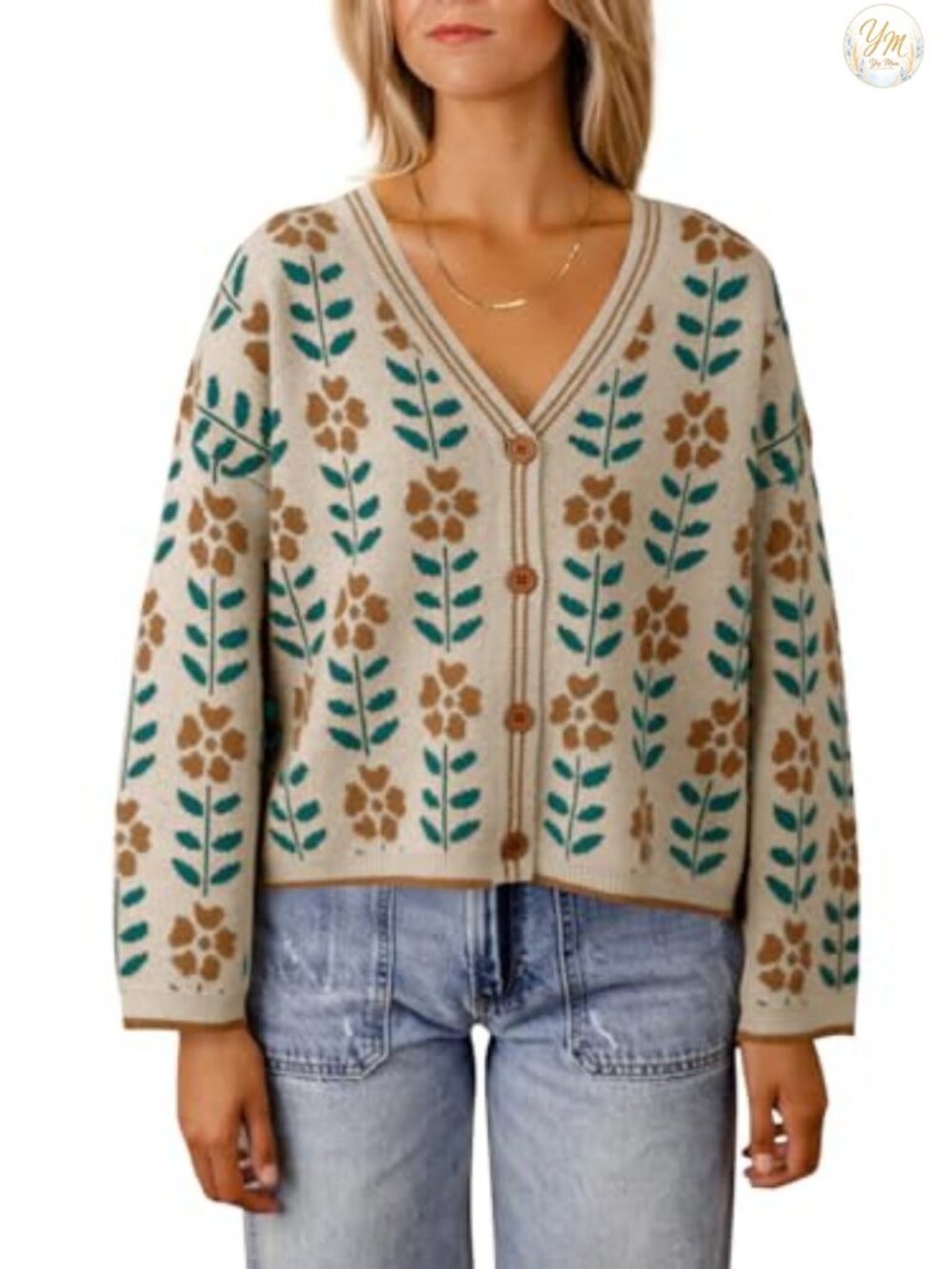Floral Print V-Neck Cardigan Open Front Knit Sweater Long Sleeve Loose